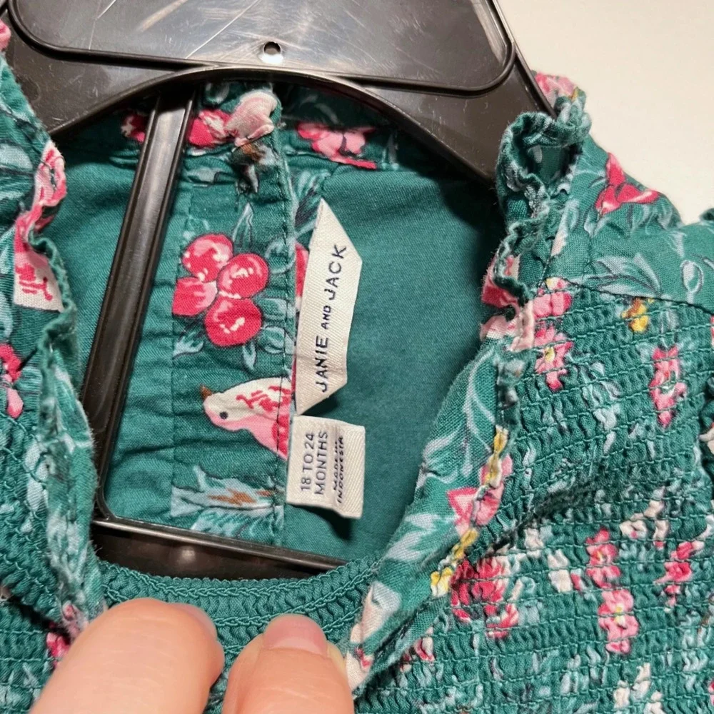 Janie and Jack Green Floral Bird Smocked Dress Toddler Girl 18-24 Months